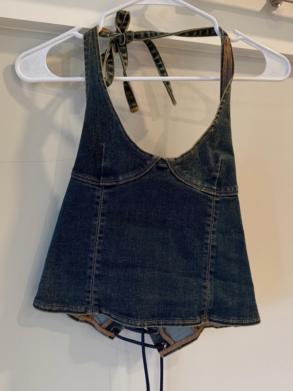Tiger Mist Denim Halter Corset Top Lace Up Back XS
